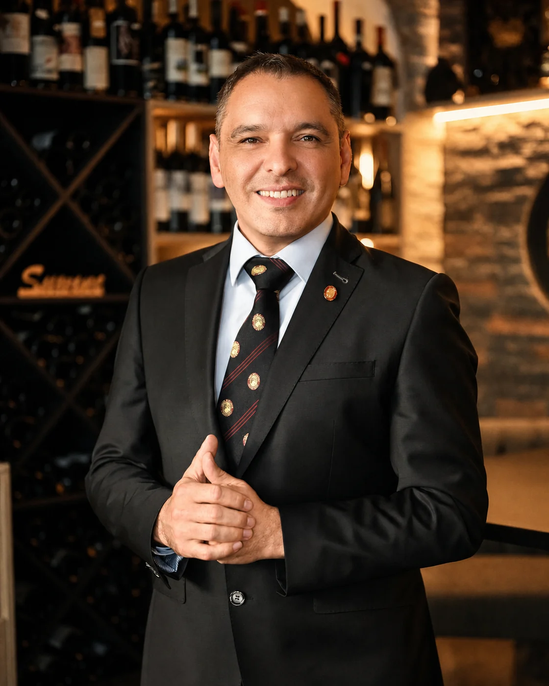 Master Sommelier Suvad „Suwi“ Zlatic im schwarzen Anzug vor einem Weinregal